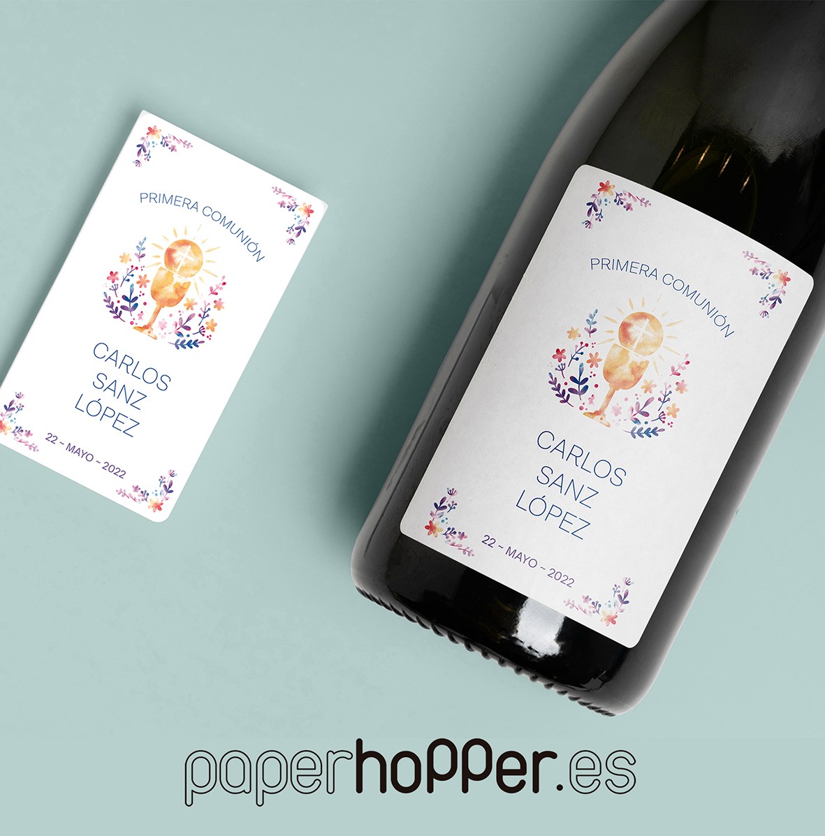 Etiquetas adhesivas personalizadas Botella Vino Hojas y Flores